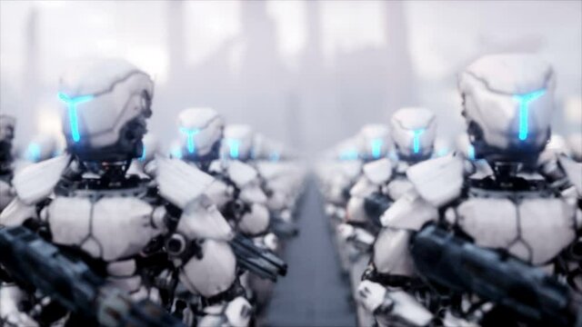 invasion of military robots. Dramatic apocalypse super realistic concept. Future. 4k animation.