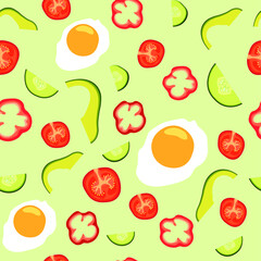 Seamless vector pattern with vegetables and eggs. Green background. Multicolored icons.