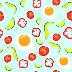 Seamless vector pattern with vegetables and eggs. Blue background. Multicolored icons.