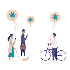 Masked people using mobile phone, checking about coronavirus topics. Men and women looking for information regarding the Coronavirus.