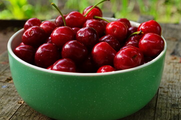 red ripe cherries in a green plate in the garden