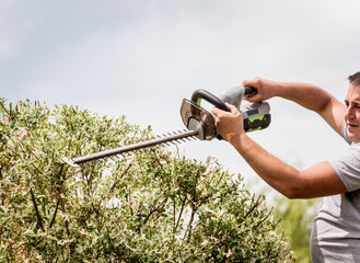 A gardener trimming trees with hedge trimmer
