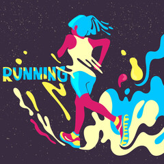 Abstract girl  jogging. Illustration in the psychedelic style of the 70s. Healthy lifestyle. Sports poster