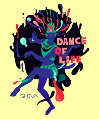 Hand-drawn psychedelic poster with the Hindu dancing god Shiva. Printing on t-shirts, clothes, bags, posters.