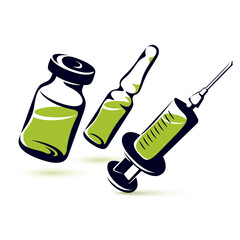 Vector graphic illustration of vial, ampoule with medicine and medical syringe for injections. Scheduled vaccination theme.