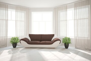 modern room with sofa and two plant in black pot, and curtains interior design. 3D illustration