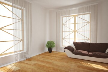 modern room with sofa,plant in pot and curtains interior design. 3D illustration