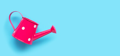 Pink watering can on blue background.