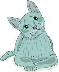 Vector image of a gray cat on a white background. The cat is lying with its face to the viewer, its head tilted to one side.