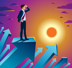Fototapeta premium Businessman looking for opportunities business concept vector illustration, young handsome business man searches new perspectives.