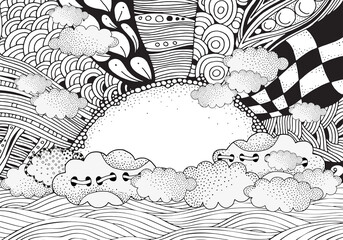 Black and white fantasy picture with sun, sea, and clouds. Beach landscape. Pattern for adult Coloring book page. Hand-drawn, ethnic, doodle, vector, tribal, zentangle.
