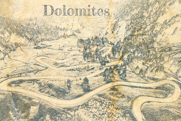 Serpentine at Passo Gardena in Dolomites, sketch on old paper