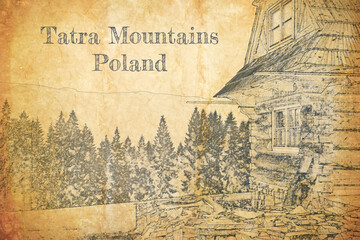 Sketch of rustic cottage in the mountains