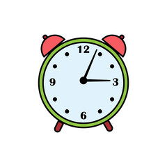 Clock alarm clock in Doodle style, black outline white background, color isolated vector illustration, design, decoration, icon