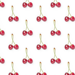 Pattern of cherry berries on white background. Food, fruit print