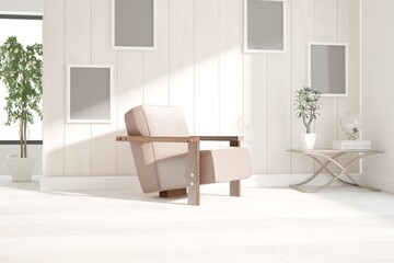 Fototapeta na wymiar modern room with armchair,table,frames and plants interior design. 3D illustration