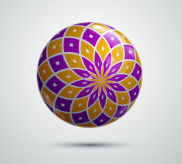 Abstract vector realistic glossy sphere, beautiful festive ball decorated with pattern, graphic design element.