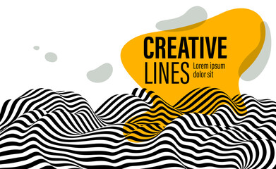 Abstract vector 3D lines with yellow fluid splat background, black and white curves linear perspective dimensional terrain optical pattern.