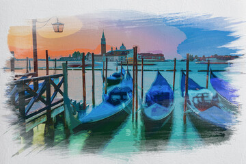 Swinging gondolas in Venice at sunrise, watercolor painting