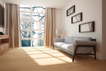 modern room with sofa,tv,cupboard and lamp interior design. 3D illustration