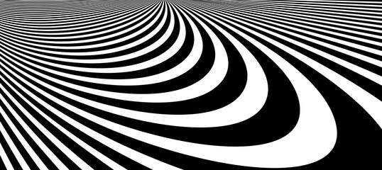 Op art distorted perspective black and white lines in 3D motion abstract vector background, optical illusion insane linear pattern, artistic psychedelic illustration.