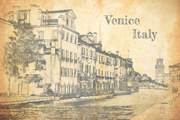 Sketch of Grand Canal and old buildings in Venice
