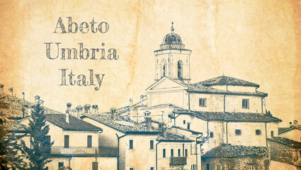 Sketch on old paper of Abeto town in Umbria, Italy