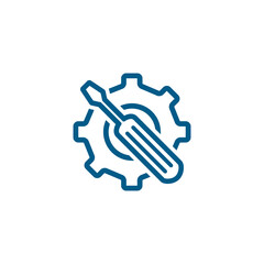 Service Tools Blue Line Icon On White Background. Blue Gear Wheel & Hammer Flat Style Illustration