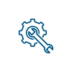 Service Tools Blue Line Icon On White Background. Blue Gear Wheel & Hammer Flat Style Illustration