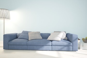 modern room with blue sofa,lamp and table with fruit interior design. 3D illustration