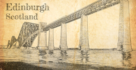 Steel railway bridge in Edinburgh, sketch on old paper