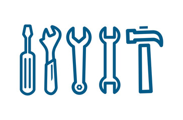 Wrench Spanner Screwdriver And Hammer Line Blue Icon On White Background. Blue Flat Style Vector