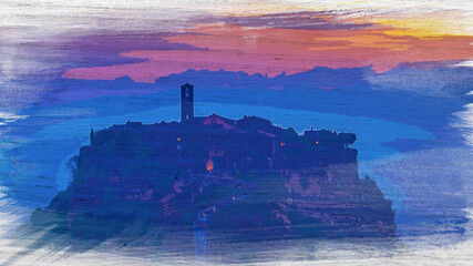Old town of Bagnoregio in Tuscany at dawn, watercolor painting - obrazy, fototapety, plakaty