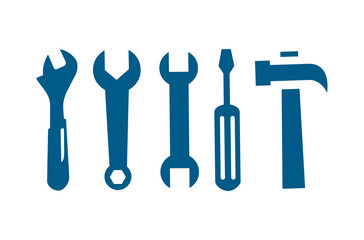 Wrench Spanner Screwdriver And Hammer Line Blue Icon On White Background. Blue Flat Style Vector
