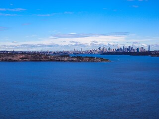 Panoramic view of Sydney Harbour in NSW Australia on a cold winters day Partly cloudy skies 