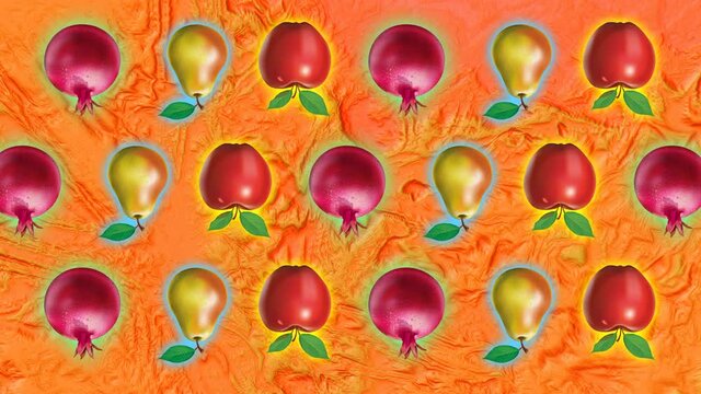 Animation of fruits on a bright wooden table, rotation.