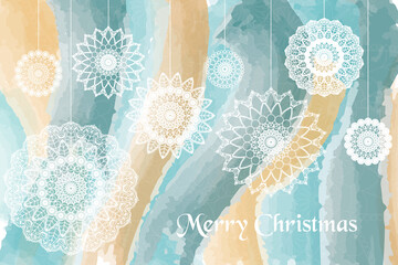 Watercolor christmas mandala card. Gold and turquoise colors.