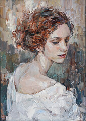 Portrait of a young, dreamy girl with curly brown hair on a mysterious abstract background. She looks very mystical and thoughtful. Palette knife technique of oil painting and brush.
    