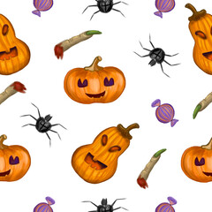 Happy Halloween seamless pattern.Hand drawn watercolor pumpkins, spider, candies, severed fingers. Isolated on white background. Trendy Design for Halloween gift paper, wallpaper, invitation, shopping