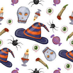 Halloween party seamless pattern.Hand drawn watercolor witch hat, eyeballs, candies, spider, candles, skull, severed fingers. Isolated on white background. Design for Halloween gift paper, wallpaper