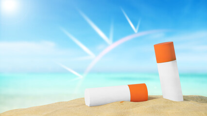 Bottles of sunscreen products on the beach.3d rendering