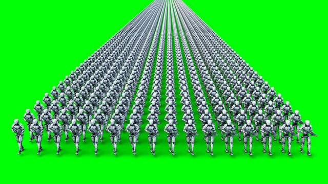 invasion of military robots with gun. marching robots. Green screen 4k footage.