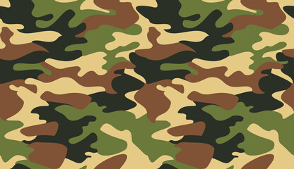 Camouflage pattern background vector. Classic clothing style masking camo repeat print. Virtual background for online conferences, online transmissions. Green brown black yellow colors forest texture