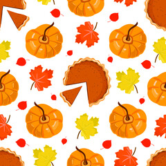 Autumn seamless pattern with pumpkin homemade pie, autumn maple and aspen leaves, yellow pumpkins on a white background. Vector hand drawing.