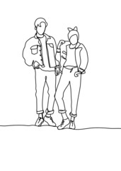 Drawing line, of newlyweds holding hands taking pre-wedding