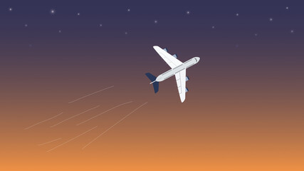 Illustration of plane flying with sunset sky background.