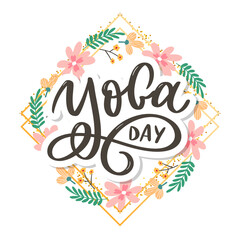 Lettering Yoga. Vector background International Yoga Day. Vector design for poster, T-shirts, bags. Yoga typography. Vector elements for labels, logos, icons, badges.