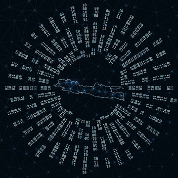 Java digital map. Binary rays radiating around glowing island. Internet connections and data exchange design. Vector illustration.