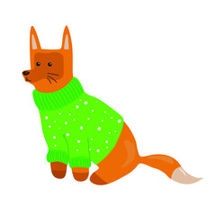 Red fox in warm clothes illustrations . Cute and funny Baby fox. Isolated on blue background. Stickers with animals fox. Animals in clothes.