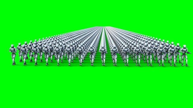 invasion of military robots with gun. marching robots. Green screen 4k footage.